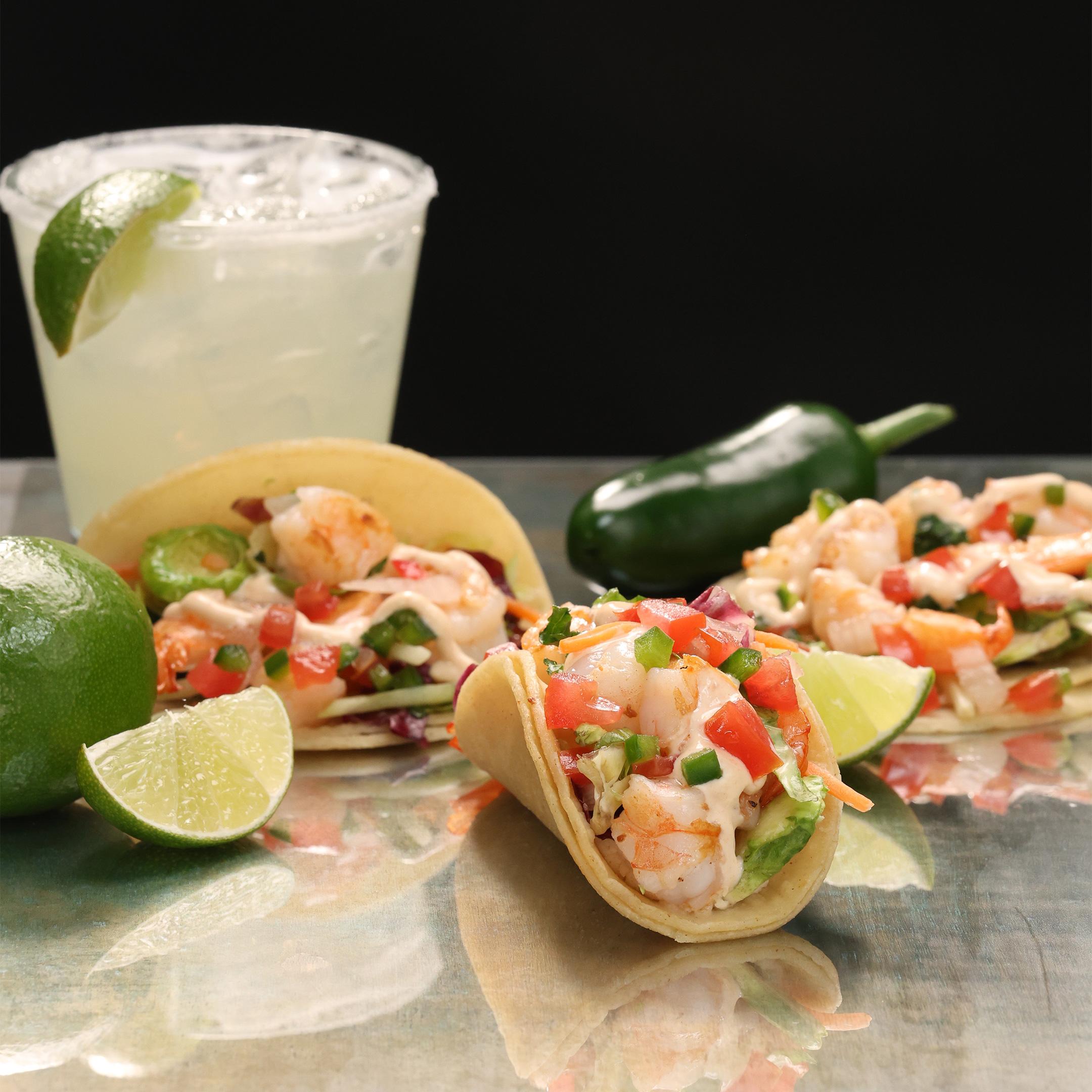 Margarita and three delicious shrimp tacos