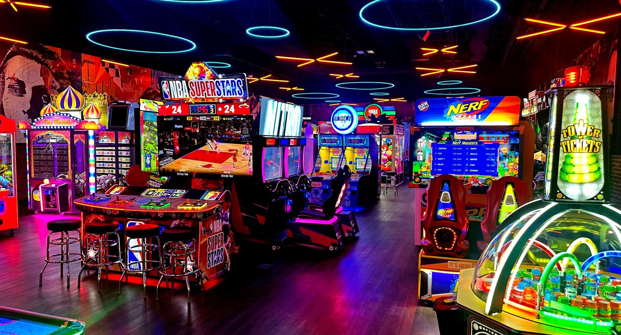 Large, colorfully lit arcade