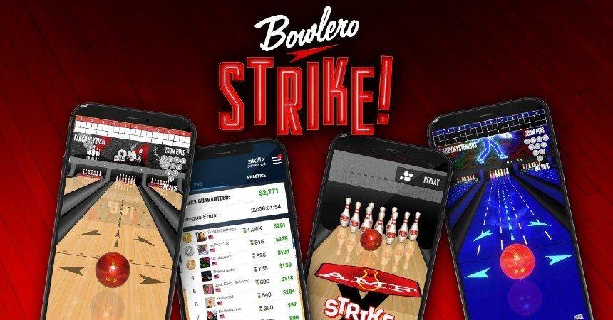 Phones showing Bowlero Strike game screenshots