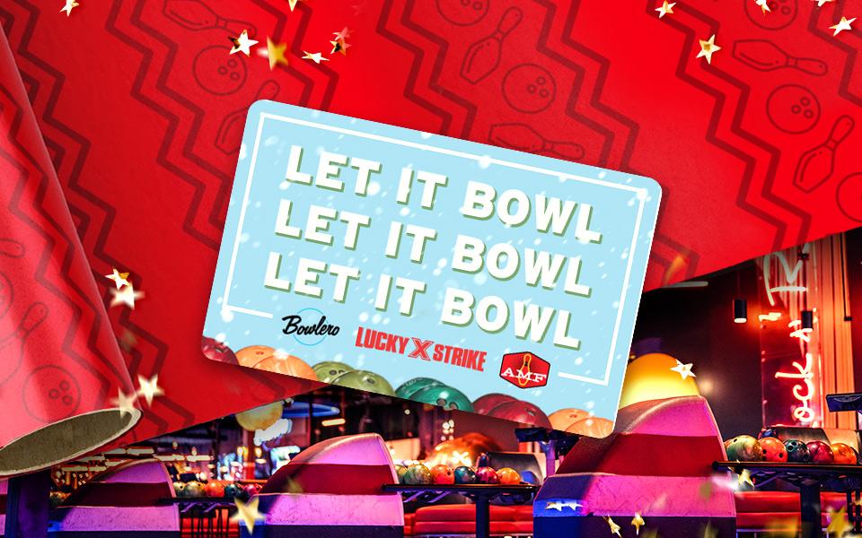 Gift card with a holiday and bowling theme in the background